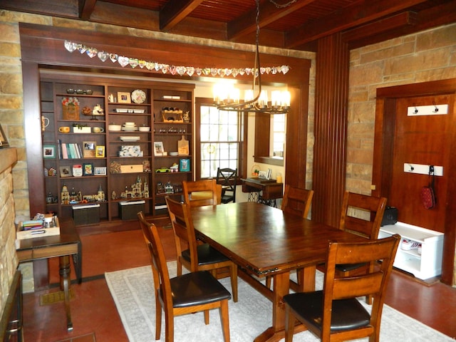 dining space featuring an inviting chandelier, wooden ceiling, and beamed ceiling
