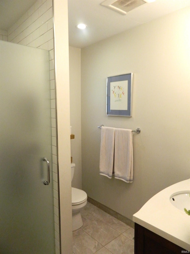 bathroom featuring vanity, toilet, recessed lighting, a shower stall, and visible vents