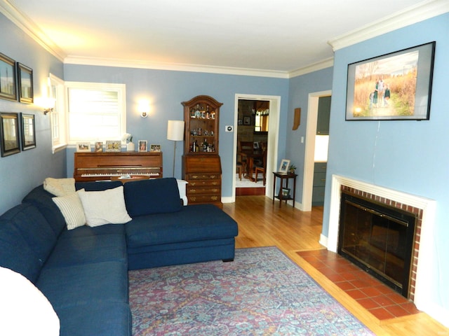 living room featuring baseboards, ornamental molding, wood finished floors, and a fireplace