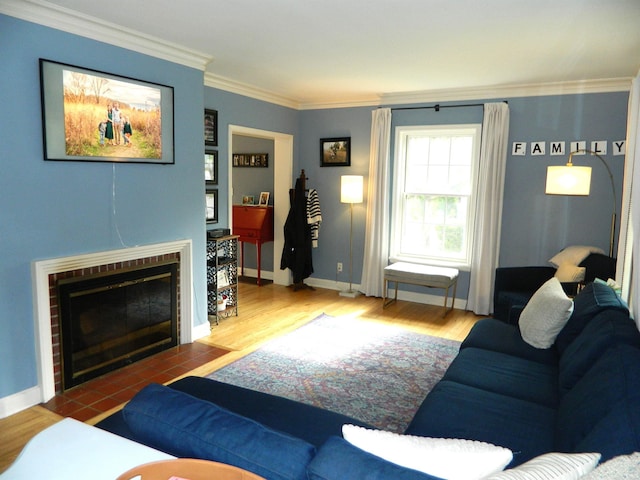 living area featuring crown molding, baseboards, wood finished floors, and a fireplace