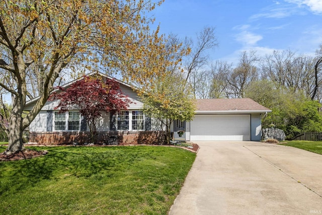 view of front of property with brick siding, a garage, a front lawn, and driveway