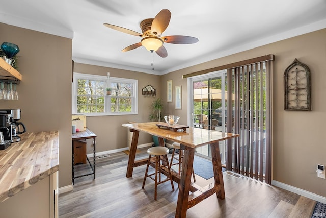 dining space with a ceiling fan, baseboards, plenty of natural light, and light wood-style flooring