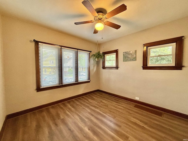 empty room featuring baseboards, wood finished floors, and a wealth of natural light