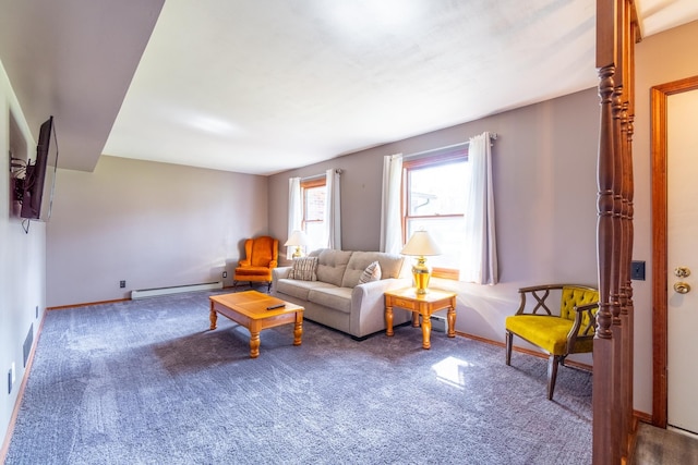 living room featuring visible vents, baseboards, a baseboard heating unit, and carpet
