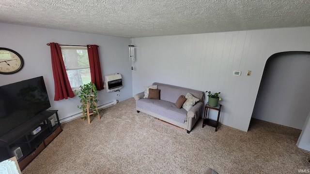 carpeted living area featuring heating unit, a textured ceiling, and a baseboard radiator