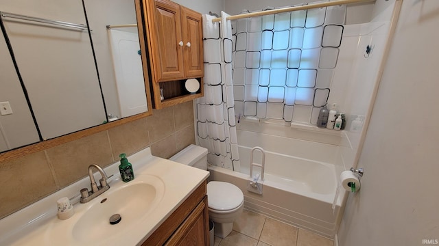 full bathroom featuring backsplash, vanity, tile patterned floors, toilet, and shower / bathtub combination with curtain