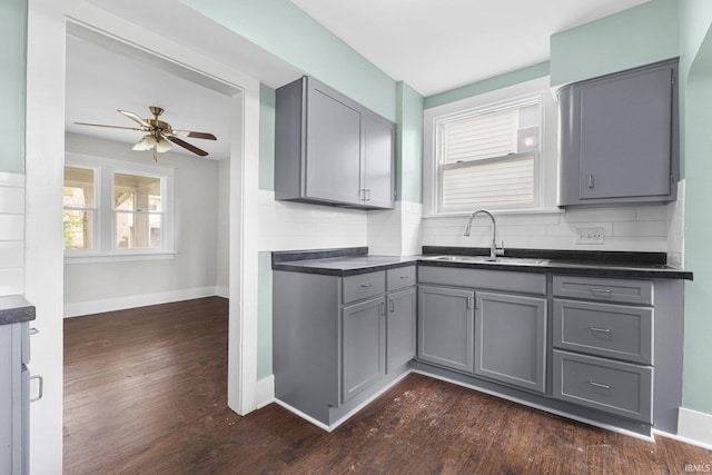 2922 Plaza Dr, Fort Wayne, IN 46806 - kitchen featuring decorative backsplash, a sink, dark countertops, a ceiling fan, and gray cabinetry
