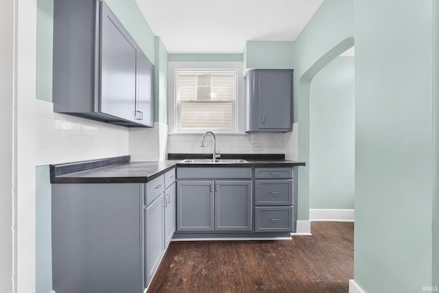 2922 Plaza Dr, Fort Wayne, IN 46806 - kitchen with gray cabinets, dark wood-style floors, dark countertops, and a sink