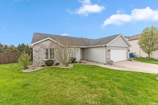ranch-style house with an attached garage, fence, brick siding, and concrete driveway