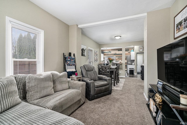 carpeted living area with baseboards