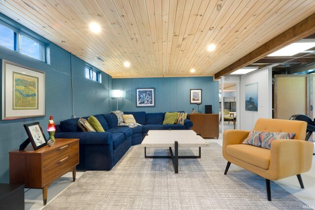 living area with recessed lighting and wooden ceiling