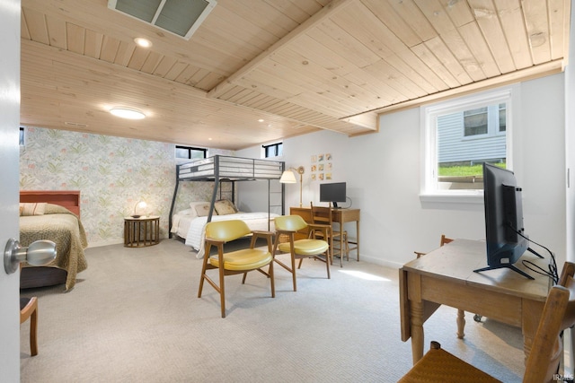 bedroom with carpet floors, wallpapered walls, baseboards, visible vents, and wood ceiling
