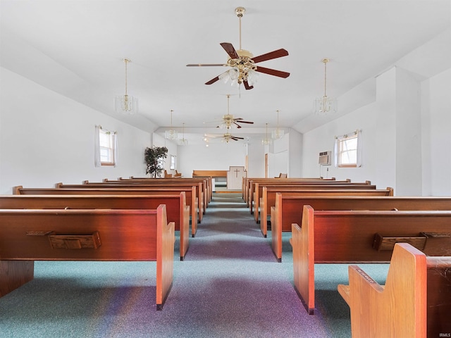 recreation room featuring carpet flooring and ceiling fan