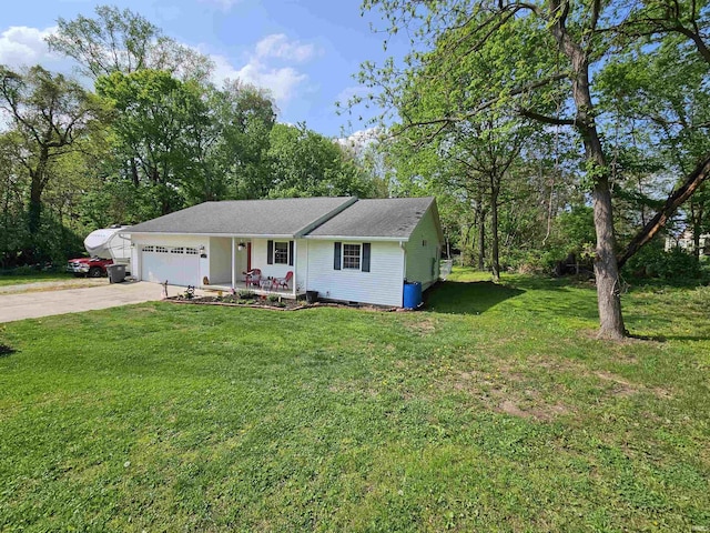 ranch-style home featuring an attached garage, a front lawn, a porch, and concrete driveway