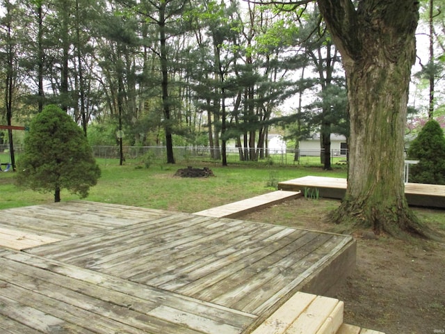 wooden deck with a lawn and a fenced backyard