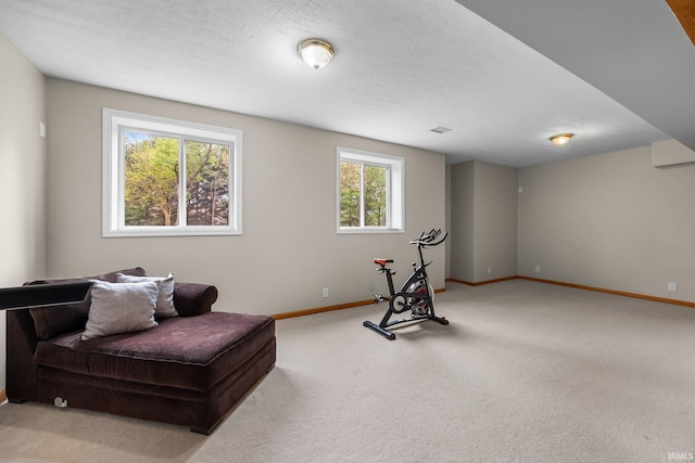 exercise room with baseboards and carpet