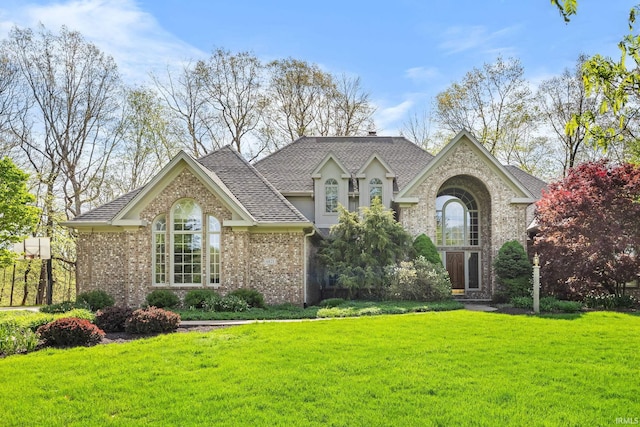 view of front of property with a shingled roof, a front lawn, and brick siding