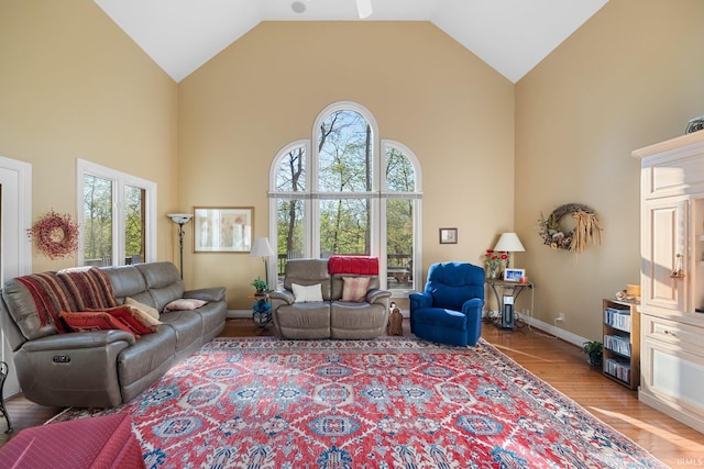 living area featuring light wood-type flooring, baseboards, and high vaulted ceiling