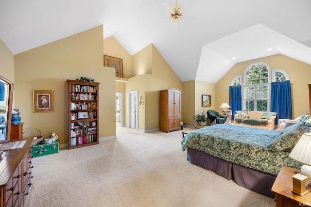 bedroom featuring carpet flooring, high vaulted ceiling, and baseboards