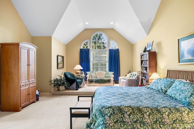 bedroom with recessed lighting, light colored carpet, and vaulted ceiling
