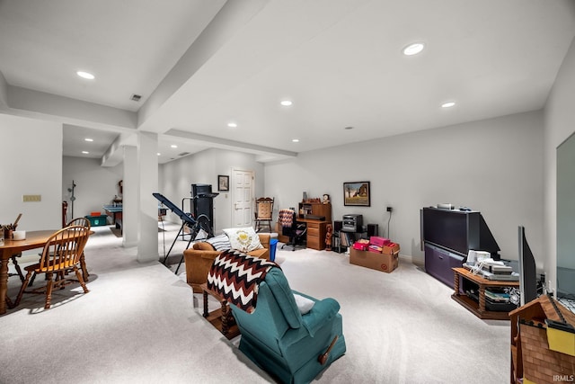 living area with baseboards, carpet flooring, and recessed lighting