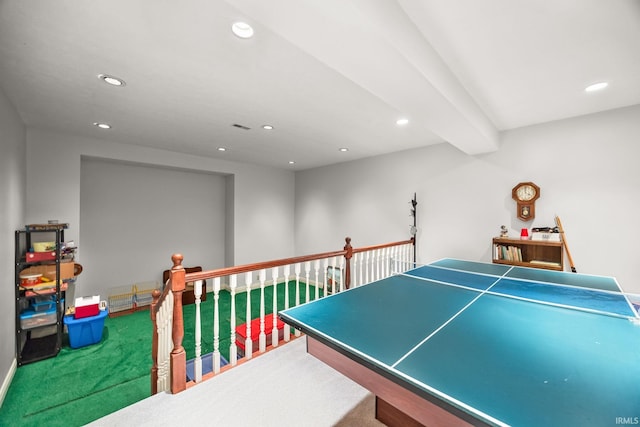recreation room with carpet floors and recessed lighting