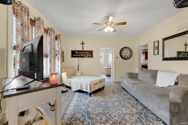 living room with ornamental molding, a ceiling fan, a textured ceiling, and a wealth of natural light