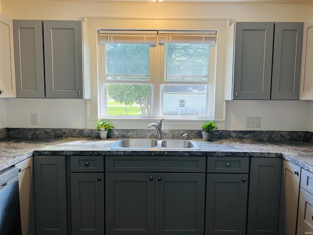 kitchen featuring a sink, stainless steel dishwasher, and gray cabinetry