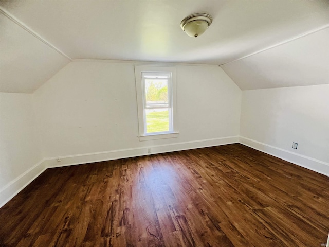 additional living space featuring dark wood-style flooring, baseboards, and vaulted ceiling