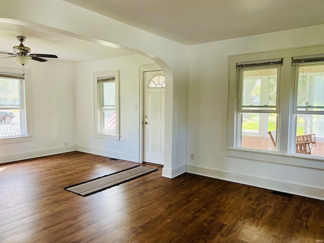 entrance foyer featuring arched walkways, baseboards, dark wood-style flooring, and a wealth of natural light