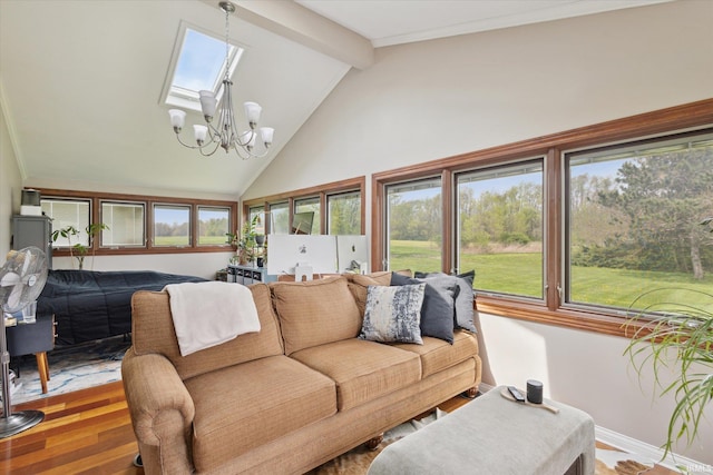 living area featuring high vaulted ceiling, a chandelier, beam ceiling, and wood finished floors
