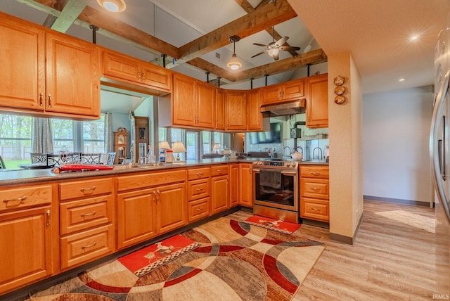 479 W 250 S, Wabash, IN 46992 - kitchen featuring stainless steel electric range, under cabinet range hood, light wood-type flooring, ceiling fan, and beamed ceiling