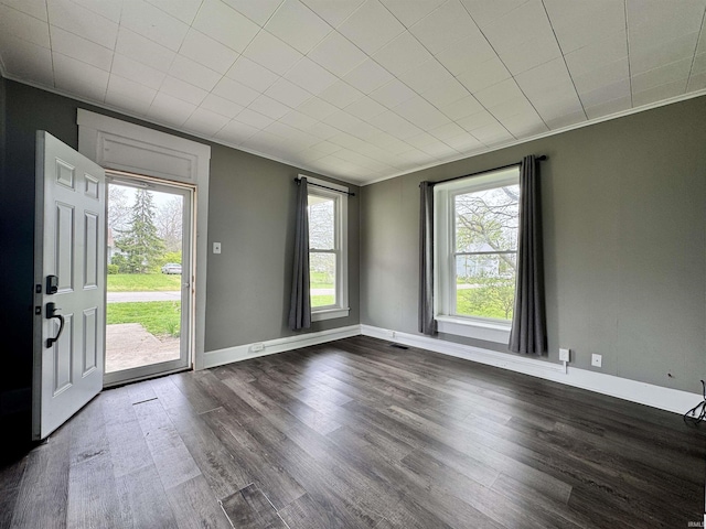 spare room featuring crown molding, plenty of natural light, and dark wood-type flooring
