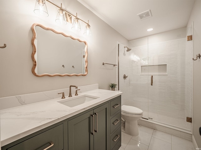 bathroom featuring vanity, toilet, recessed lighting, a shower stall, and visible vents