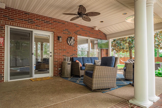 view of patio with a ceiling fan and an outdoor hangout area