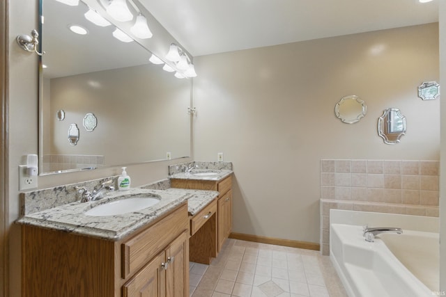 full bath with a bath, double vanity, a sink, and tile patterned flooring