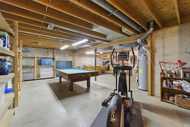 recreation room with billiards, gas water heater, and concrete floors