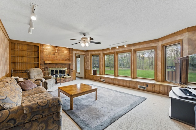 living area with a textured ceiling, visible vents, and track lighting