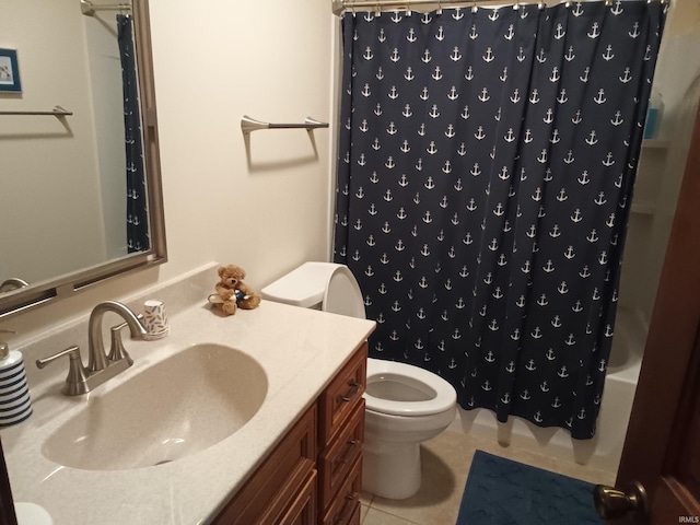 bathroom with toilet, tile patterned floors, shower / bath combo with shower curtain, and vanity
