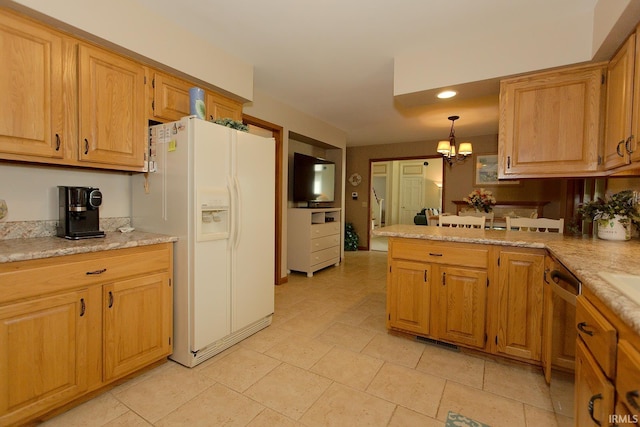 kitchen with dishwasher, a peninsula, an inviting chandelier, white fridge with ice dispenser, and recessed lighting