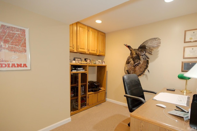 office featuring recessed lighting, baseboards, and light colored carpet