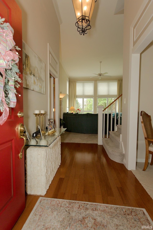 entryway with ceiling fan, stairs, and wood finished floors
