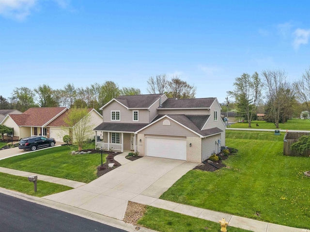 traditional home featuring covered porch, driveway, roof with shingles, a front yard, and an attached garage