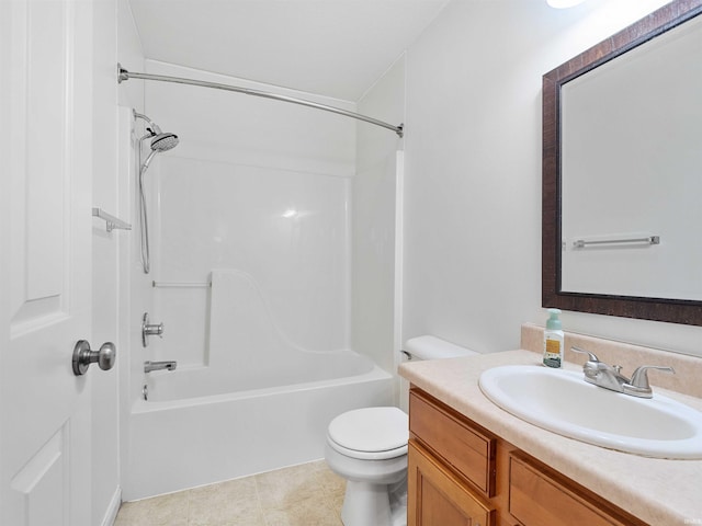 bathroom featuring toilet, tile patterned floors, shower / bathing tub combination, and vanity