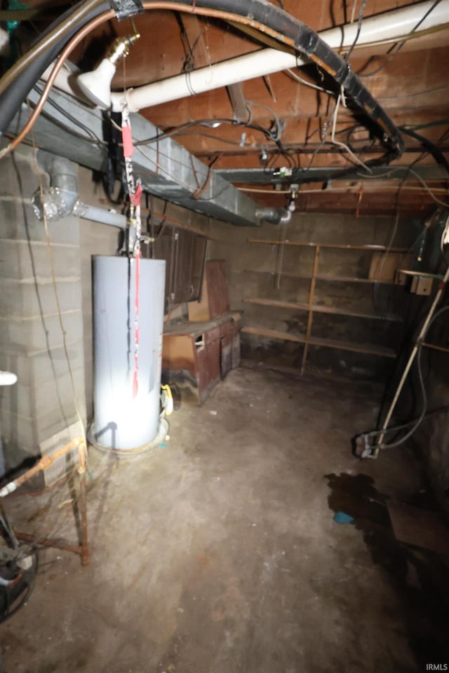 below grade area featuring concrete block wall and gas water heater