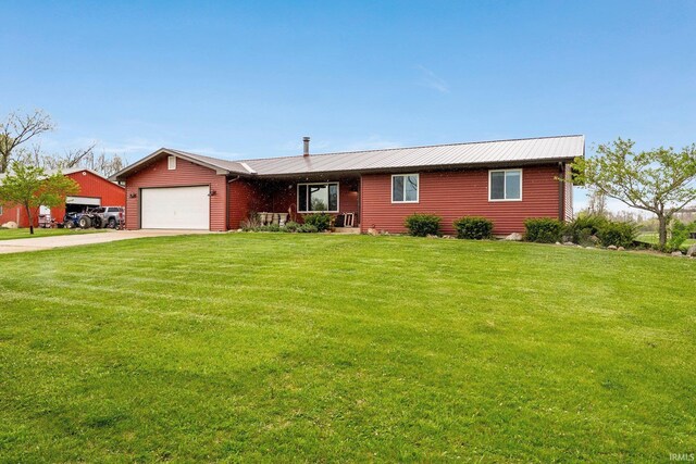 5155 E 200 N, Columbia City, IN 46725 - ranch-style home with a garage, a front lawn, metal roof, a porch, and driveway