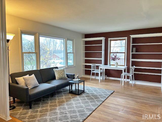 living room with plenty of natural light, wood finished floors, and built in shelves