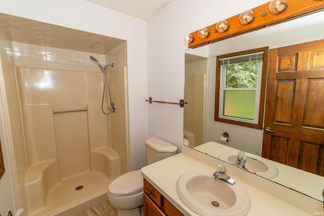 bathroom featuring vanity, a shower, and toilet