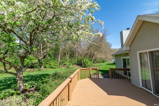 wooden terrace featuring a yard