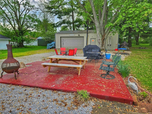 view of patio / terrace with an outdoor structure, a fire pit, outdoor dining area, area for grilling, and a storage shed